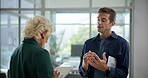 Mentor, speaking or business people with tablet in office for budget project, teamwork or capital growth. Feedback, report or financial advisor with mature executive director or investor in lobby