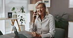 Phone call, laptop and advisor with business woman in office for virtual consultant, feedback and interior designer. Communication, layout planning and contact with mature employee in agency for 