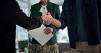 Business people, greeting or handshake closeup for office negotiation, funding agreement or b2b deal. Recruiter, director or entrepreneur meeting investor for opportunity, partnership or introduction