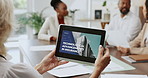 Business people, hands and woman with tablet screen, internet and presentation with website info. Employees, group and closeup in office, network and tech benefits for insurance company and app