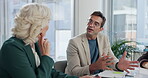 Business people, discussion and meeting for planning, coaching and collaboration in office. Mature investor, executive director and financial manager with mentor, advice or teamwork for global trade