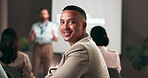 Face, smile and man in seminar, crowd and training of interns in business meeting, audience or corporate. Conference, people and happy for workshop with team, colleagues and listening to presentation