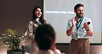 Business people, award or applause with presentation for congratulations, milestone or achievement at seminar. Group, employees or crowd clapping with smile for trophy or accomplishment at convention