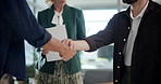 Business people, introduction or handshake closeup for office negotiation, funding agreement or b2b deal. Recruiter, director or entrepreneur meeting investor for opportunity, partnership or greeting