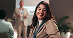 Face, training and woman in conference, smile and speech for interns in business meeting or corporate. Seminar, colleagues and listening to workshop with team, happiness and presentation for people