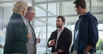Meeting, talking or business people with investor in lobby for budget project, teamwork or capital growth. Manager, policy update or financial advisor with executive director or documents in office