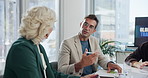 Business people, discussion and meeting for planning, negotiation and collaboration. Investor, executive director and mature financial manager speaking of budget report, teamwork or global trade 
