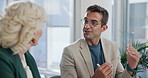 Mature man, woman and discussion in office with meeting, strategy and review for budget planning. Business people, talking and feedback for project management, revenue and team at finance agency