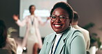 Face, training and woman in seminar, smile and speech for interns in business meeting or corporate. Conference, colleagues and listening to workshop with team, happiness and presentation for people