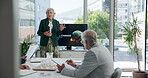 Presentation, climate change and meeting with business people in office environment, report and seminar. Sustainability impact, workshop and conservation plan with employees and computer screen