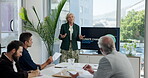Presentation, climate change and workshop with business people in office environment, report and seminar. Sustainability impact, meeting and conservation plan with employees and computer screen