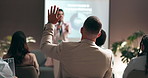 Business people, seminar or presentation with question in audience for interaction, feedback or engagement at office. Group, speaker or employee with hands raised for proposal or speech at convention