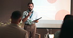 Seminar, speaker and businessman with tablet for presentation on leadership development in office. Mic, public speaking and male hr director with technology at corporate conference, event or workshop