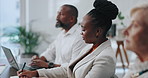 Business people, meeting and listening with planning for project or cooperation with review. Employees, seminar or workshop for skills, financial firm or conversation with advice, talking or feedback