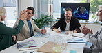 Success, high five and global trade with business people in meeting for supply chain, applause and seminar. Planning, workshop and logistics approval with employees in office for proposal deal