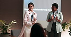 Happy, business woman and applause with award for excellence, group leadership or milestone at seminar. Female person, leader and audience clapping with smile for congratulations, thank you or offer