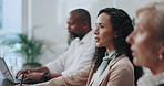 Business people, meeting and conversation with planning, feedback and cooperation with economy. Employees, seminar or workshop for skills, financial firm and documents with smile, discussion or team