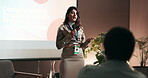 Business, education and presentation with woman speaker in conference room for training. Development, forum speech and microphone with corporate coach on stage for public relations or seminar