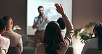 Business people, speaker and presentation with question in audience for interaction, feedback or engagement at office. Group, employees or seminar with hands raised for proposal at speech convention