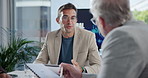 Business people, investor and discussion for documents, project planning in collaboration. Meeting, executive director and mature financial manager with budget logistics for teamwork or global trade
