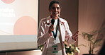 Seminar, public speaking and business woman with presentation on leadership development in office. Microphone, speaker and female hr director with pitch at corporate conference, event or workshop.