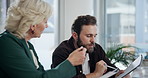 Business people, mentor and meeting for talking, coaching and collaboration in office. Mature investor, executive director and financial manager with proposal, advice or teamwork for global trade 