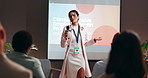 Business, forum and presentation with woman speaker in conference room for training. Education, development speech and microphone with corporate coach on stage for public relations or seminar