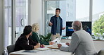 Planning, global trade and speaker with business man in office for policy agreement, report and seminar. Export logistics, workshop and route presentation with team of  employees and computer screen