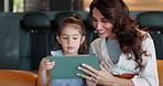 Happy mom, daughter or learning with tablet on sofa for digital interaction, engagement or app at house. Mother, child or kid with technology for fun activity, online education or home schooling