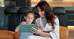Happy mom, daughter and elearning with tablet on sofa for digital interaction, engagement or app at house. Mother, child or kid on technology for distance learning, online education or home schooling