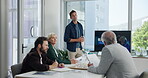 Question, global trade and speaker with business man in office for policy agreement, report and seminar. Export logistics, workshop and route presentation with team of  employees and computer screen