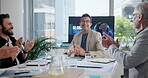 Planning, applause and global trade with business people in meeting for supply chain, agreement and seminar. Success, workshop and logistics approval with employees in office for proposal deal