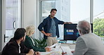 Discussion, global trade and speaker with man in meeting for policy agreement, report or seminar. Export, workshop and logistics presentation with team of business people and computer screen