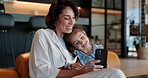 Selfie, relax and smile with mother and daughter on sofa for social media, memory and photography. Happiness, bonding and hug with woman and child with picture in living room of family home for love