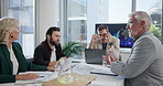Stress, mistake and global trade with business people in meeting for profit loss, bankruptcy and seminar. Planning, workshop and stock market crash with employees in office for fail and laptop
