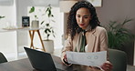Documents, finance and business woman on laptop for budget report, research and analytics. Professional, company and person on computer for financial planning, online project and fintech statistics