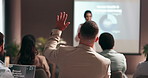 Business people, hands raised or presentation with question in audience for interaction, feedback or engagement at office. Group, speaker or employee with proposal for speech at seminar or convention