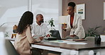 Laptop, discussion and business people in meeting, team and ad agency with feedback for project. Group, technology and employees in workplace, tablet and sales growth with proposal, talking and ideas