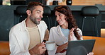 Laptop, coffee and planning with couple on sofa for real estate listing, property sales and support. Home loan application, research and morning with man and woman in house for mortgage registration