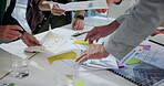 Charts paperwork, hands and business people in meeting with sales graphs, budget or revenue. Closeup, performance report or analysts with accounting feedback, profit statistics or financial analytics