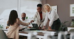 Hiring, conversation and business people in meeting, team and human resource management. Group, technology and employees in workplace, laptop and documents for report, job opportunity and recruitment