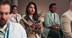 Business woman, seminar and phone with audience for notes, workshop or listening to presentation information. Mobile, group and conference for learning, meeting and typing online at convention event