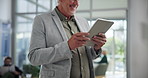 Hands, research or businessman on tablet in office for research, corporate schedule or accounting proposal. Financial information, digital app and news update for finance report and review investment
