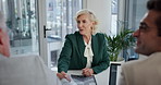 Business people, interview and meeting with handshake for hiring, recruitment or introduction at office. Woman, executive or shaking hands with agreement for boardroom discussion, partnership or deal