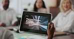 Business people, hands or presentation with tablet screen for digital marketing, UI or design at office. Closeup, employee or technology display for future UX, competition or competitive analysis