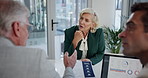 Meeting, office and business people with paperwork for discussion, negotiation and consulting for company. Laptop, corporate and men with woman for statistics report, proposal and financial planning