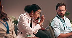 Interruption, phone call and seminar with business woman in office for communication or development. Distraction, learning and workshop with employee in conference room for coaching or training