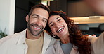 Happy couple, face and picture with memory on sofa for bonding, holiday or weekend together at home. Portrait, man or woman with smile in joy for capture moment, photography or social media at house