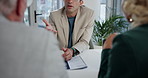 Discussion, office consultant and business people with documents for feedback, negotiation and meeting. Laptop, corporate and men with woman for statistics report, proposal and financial planning
