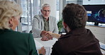 Business people, discussion or meeting with handshake for hiring, recruitment or introduction at office. Businessman, executive or shaking hand with boardroom director for agreement, deal or proposal